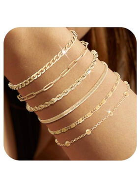 Women 14K Gold Plated Bracelets 6PCS Set Dainty Stackable